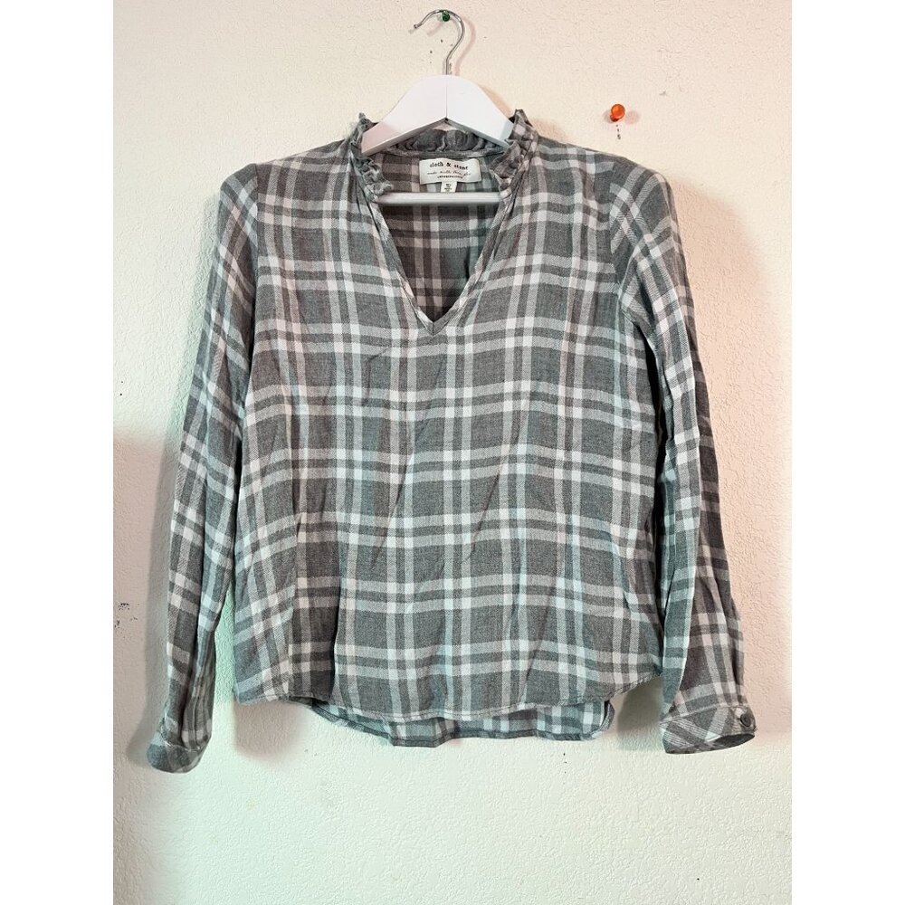 Cloth & Stone Anthropologie Gray Plaid Long Sleeve Ruffle Collar V-Neck Top XS